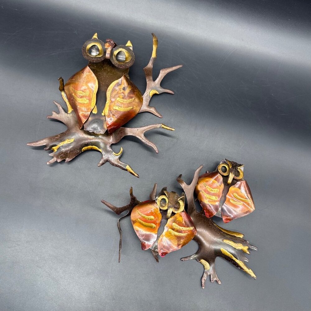 Vintage Owl Wall Art Brutalist 1970s Metal Set Of 2 Mid Century Modern Sculpture
